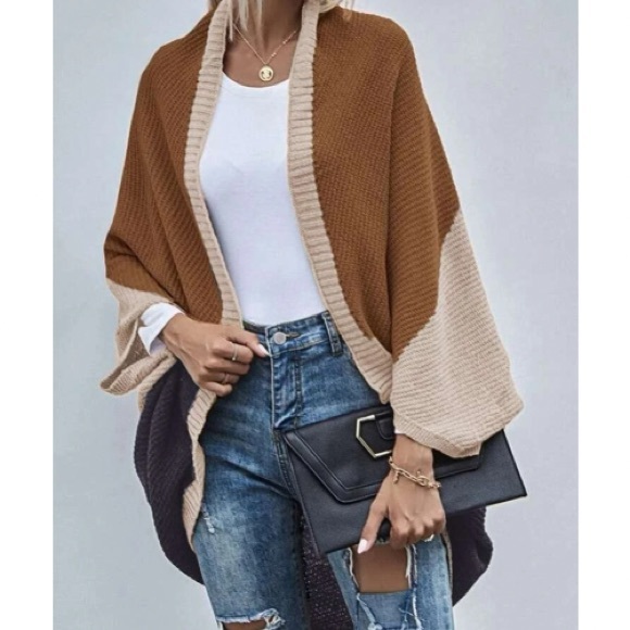 Cozy Color Block Batwing Oversized  Open Front Cardigan - Picture 2 of 6